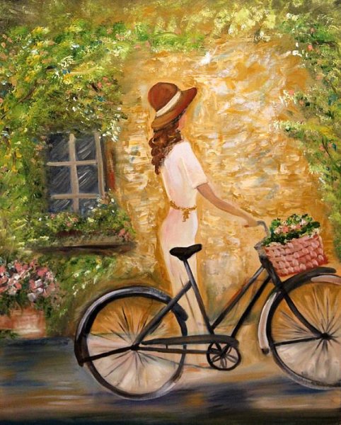 Картина девушка наивелосипеде