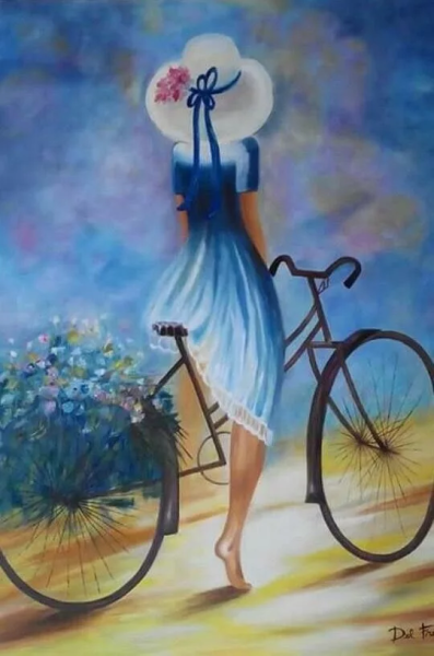 Девушка на велосипеде живопись