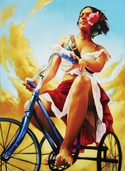Девушка на велосипеде живопись