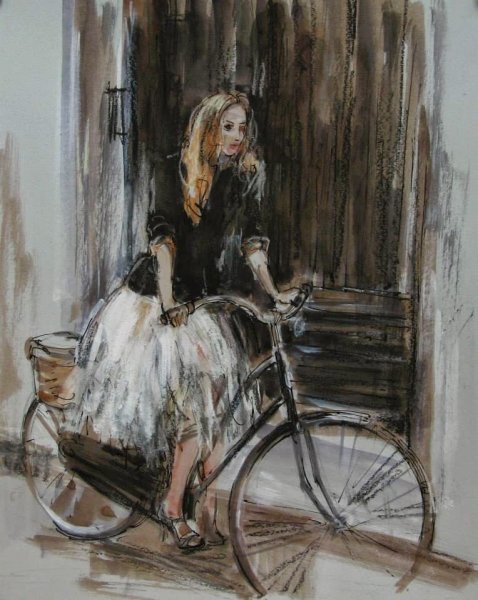 Женщина на велосипеде живопись