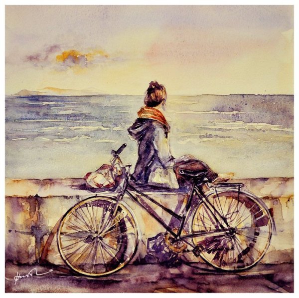 Женщина на велосипеде акварель