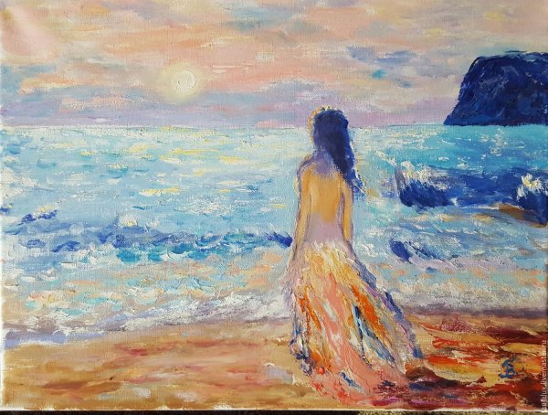 Женщина на берегу спиной рисунок