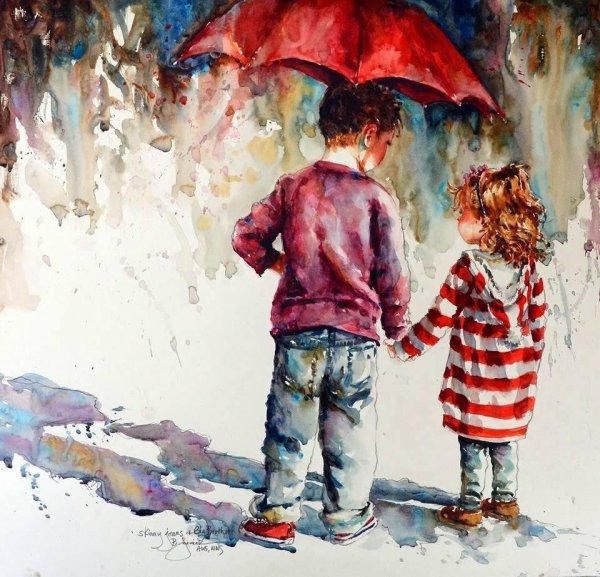 Мальчик гуляет рисунок акварель