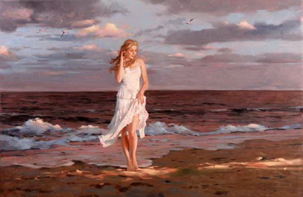 Картина девушка на берегу моря спиной