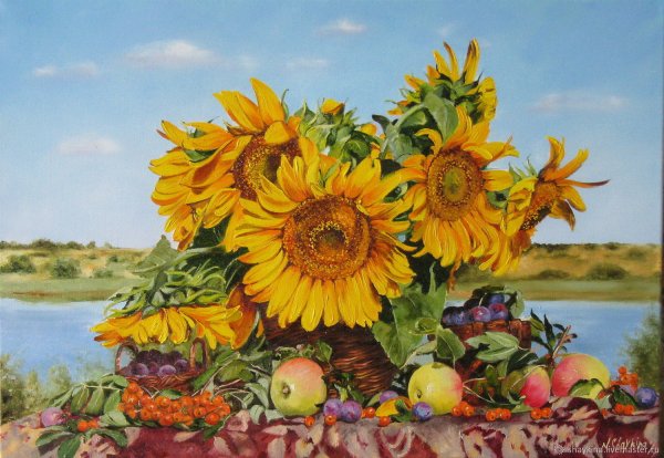 Подсолнухи натюрморт мастихином маслом