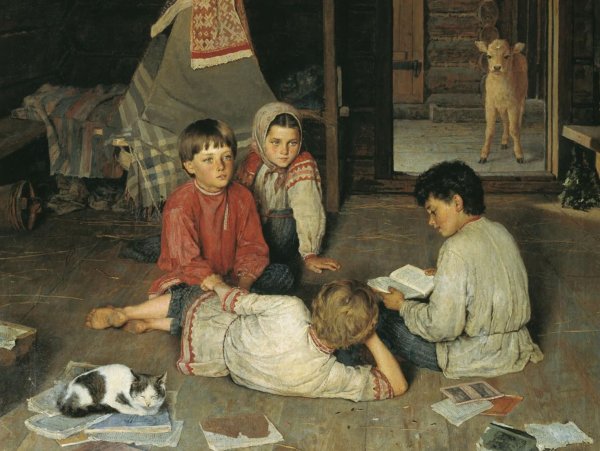 Н.А. Кошелев дети, катающие пасхальные яйца. 1855