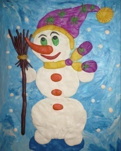 Плоскостная лепка Снеговик из пластилина