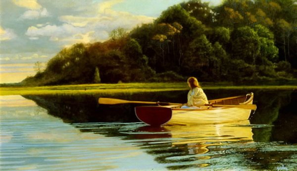 По реке на лодке живопись