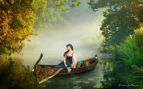 Девушка плывет на лодке