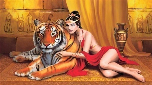Царица Клеопатра на троне с тигром