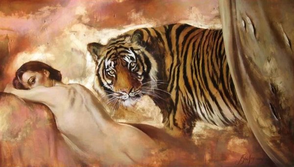 Картина женщина с тигром