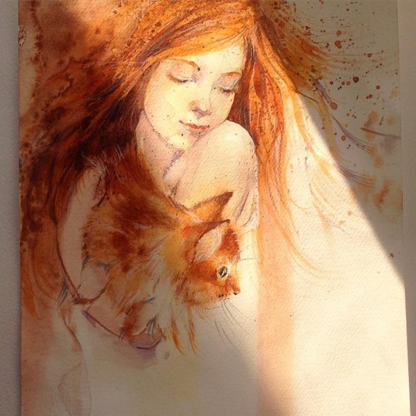 Художник Марина Игнатова (Marina Ignatova). Рыжая девочка и кот
