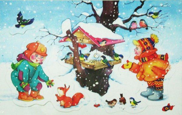 Сюжетная картина птицы на кормушке