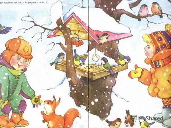 Сюжетная картина птицы на кормушке