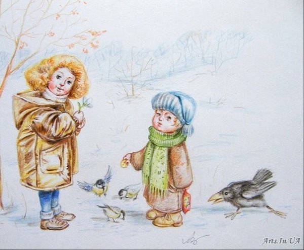 Дети кормят птиц зимой