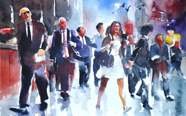 Толпа людей акварель