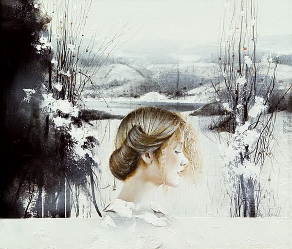 Женщина зимой живопись