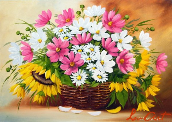 Букет цветов в корзине рисованный