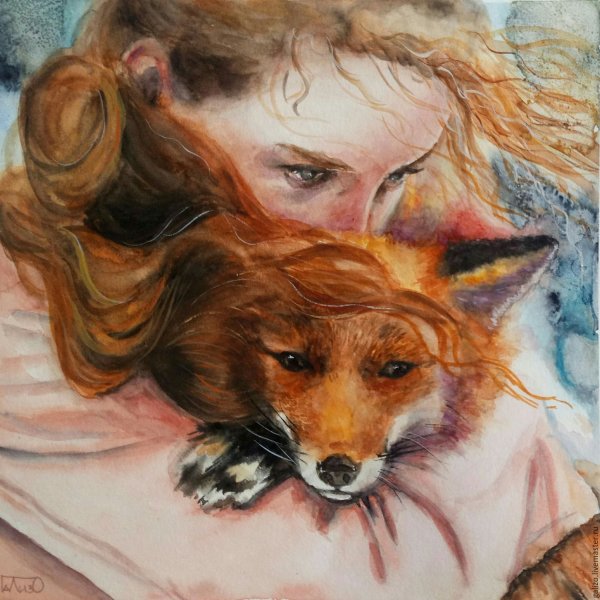 Девушка лиса акварель