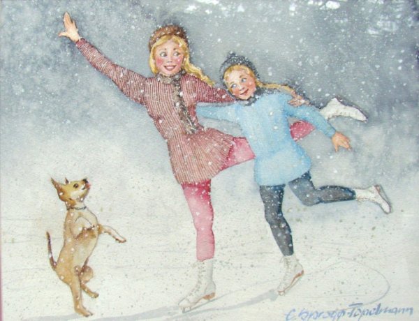 Дети катаются на коньках картина