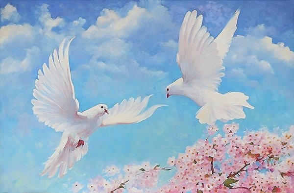 Живопись цветы и голуби
