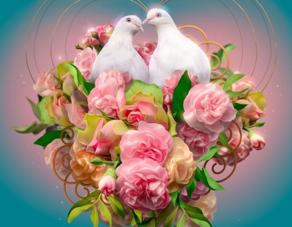 Голуби в цветах