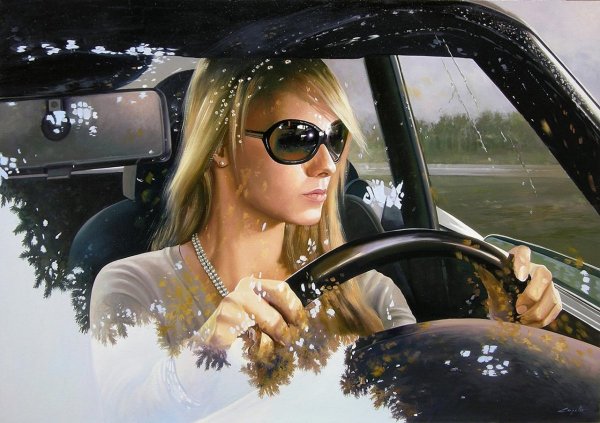 Картина девушка за рулем