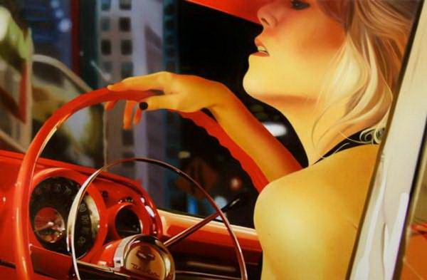 Девушка за рулем ретро автомобиля