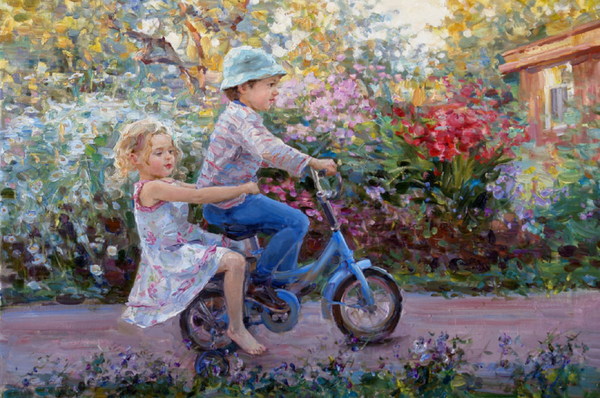 Мальчик на велосипеде живопись