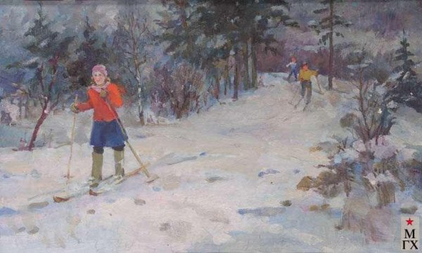 Лыжники картина Кустодиева