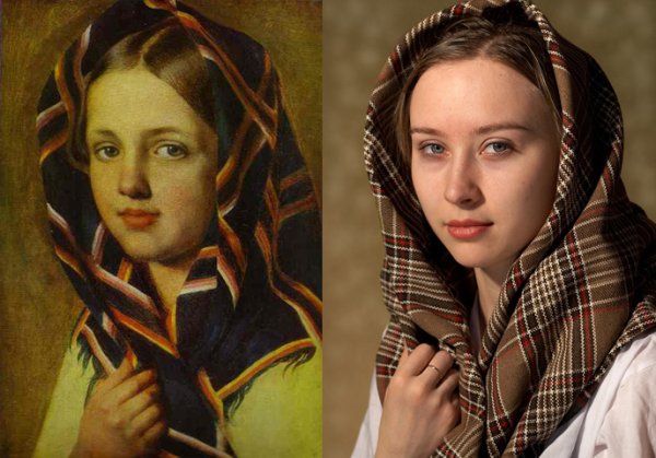 Венецианов девушка в клетчатом платке