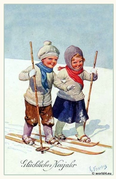 Новогодняя открытка с лыжами