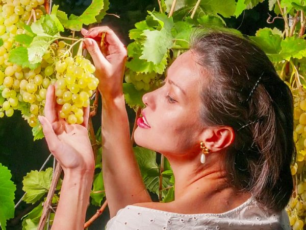 Картина девушка с виноградом на лестнице