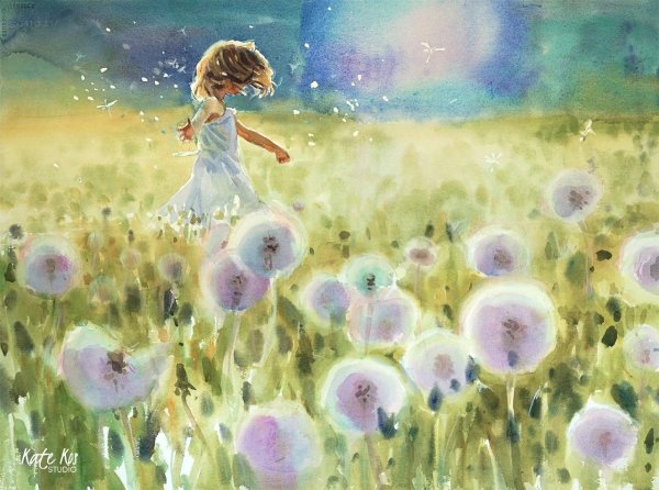 Ребенок и одуванчик живопись