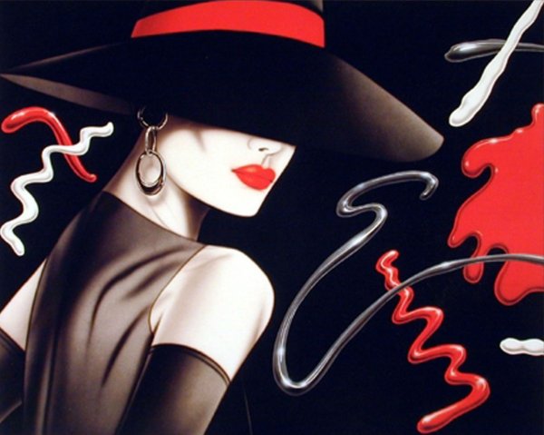 Картина девушка в шляпе с красными губами