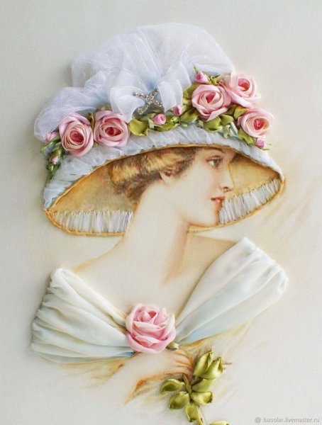 Вышивка лентами дама в шляпе