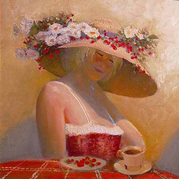 Вышивка лентами дама в шляпе