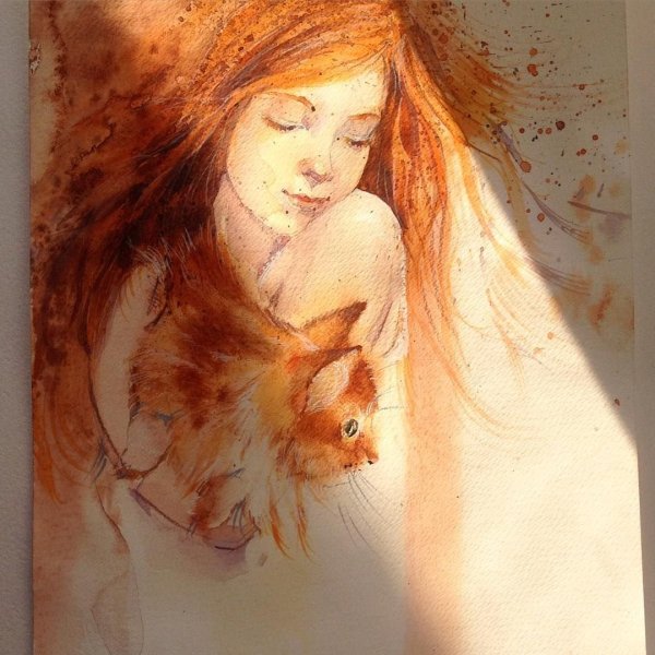 Художник Марина Игнатова (Marina Ignatova). Рыжая девочка и кот