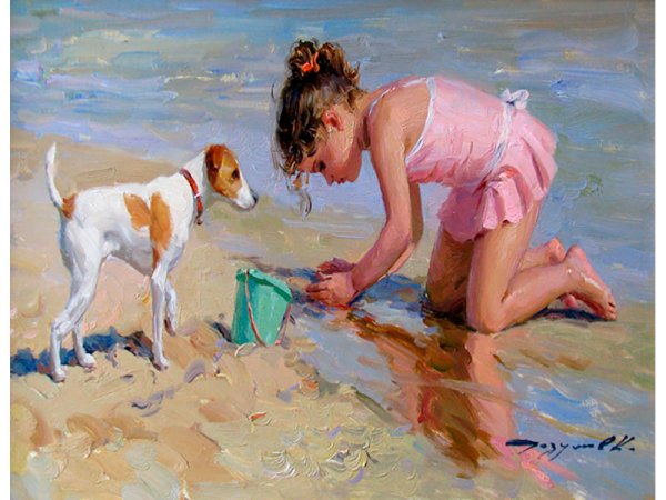 Девочка с собачкой на пляже