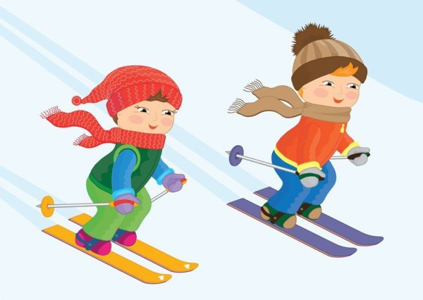 Дети катаются на лыжах