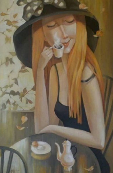 Девушка с кофем рисования