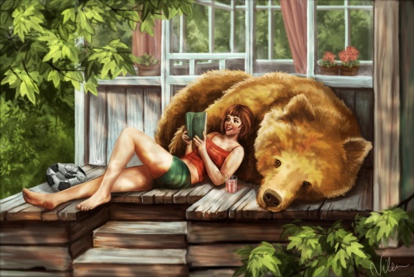 Медведь обнимает девушку