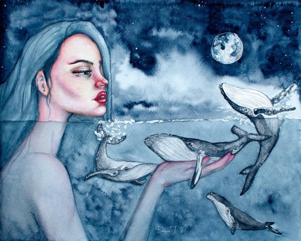 Кит и девочка акварель