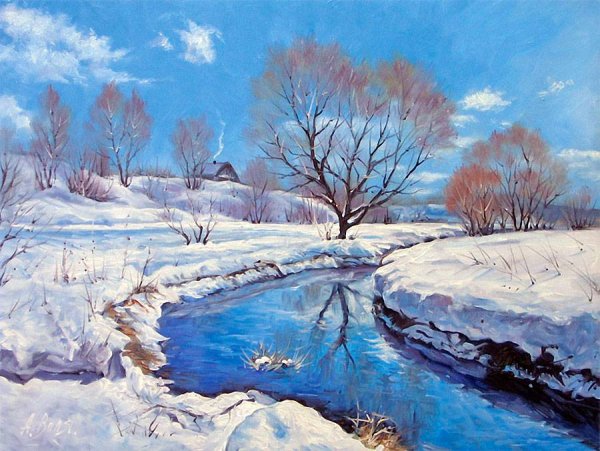 Зимняя река гуашью