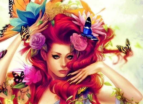 Рыжая девушка с бабочками