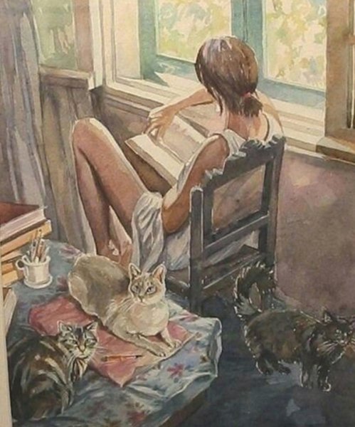 Девушка с котом на подоконнике