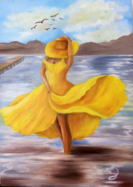 Девушка в желтом платье рисунок