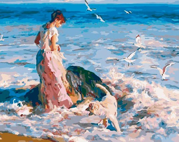 Девушка на берегу реки картина