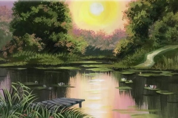 Пейзаж гуашью озеро