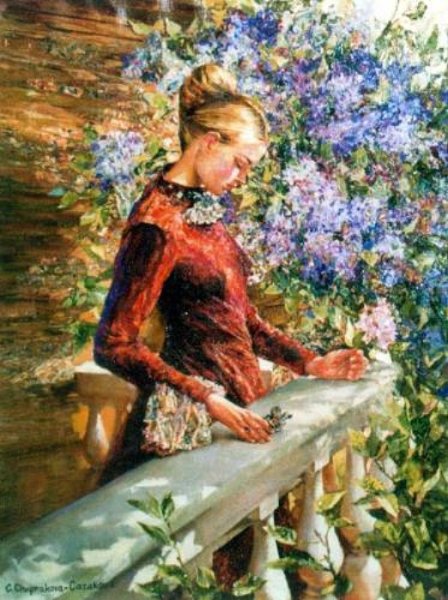 Картина девочки с кустами